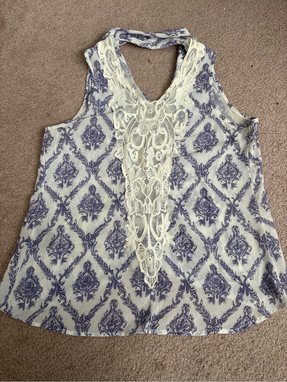 Sleeveless White & Purple Lace-Trimmed Back Women’s Top